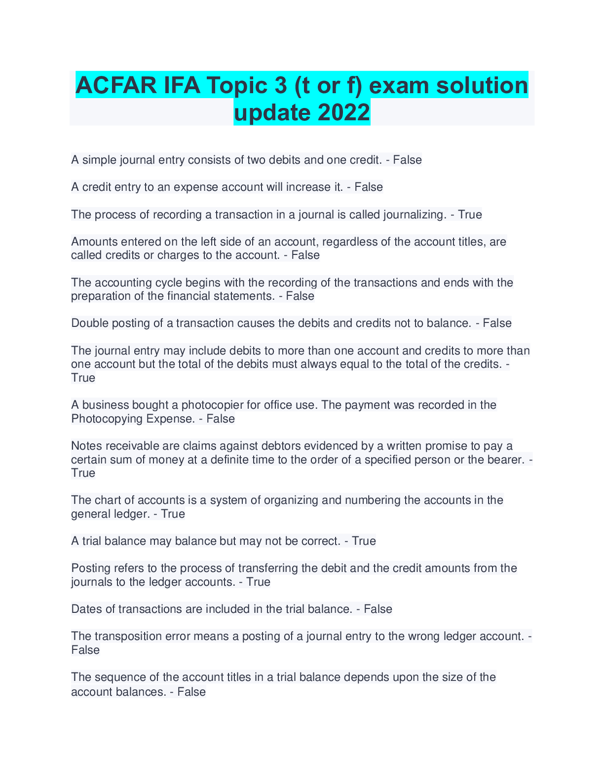 Preview image for ACFAR IFA Topic 3 (t or f) exam solution  update 2022